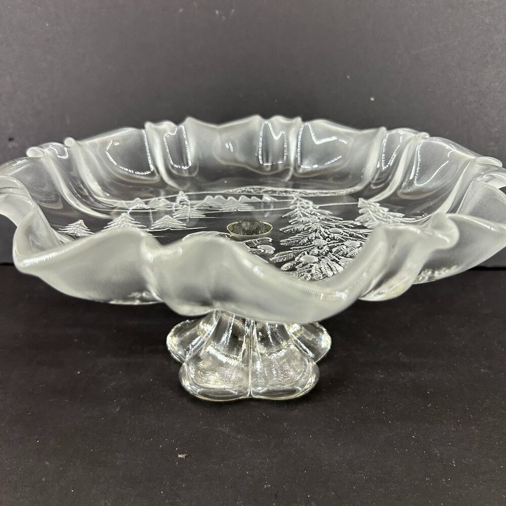 Mikasa Holiday Classics Christmas Crystal Footed Pedestal Bon Bon 9" shallow bow